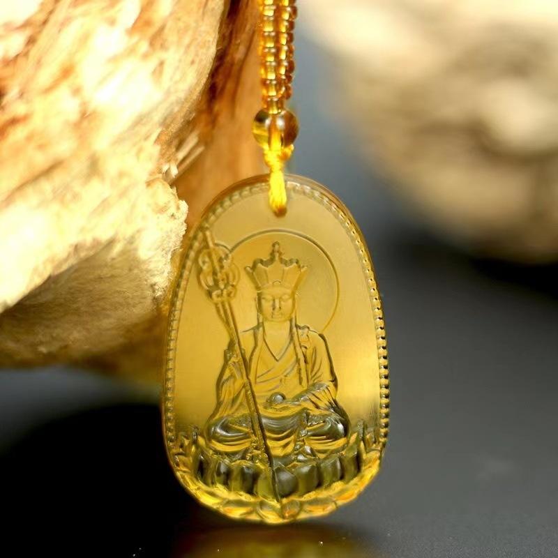Ice Yellow Crystal Lucky Pendant Long Sweater Necklace Ksitigarbha Amitabha Tibetan Buddhism Religion Amulet Necklaces Unisex