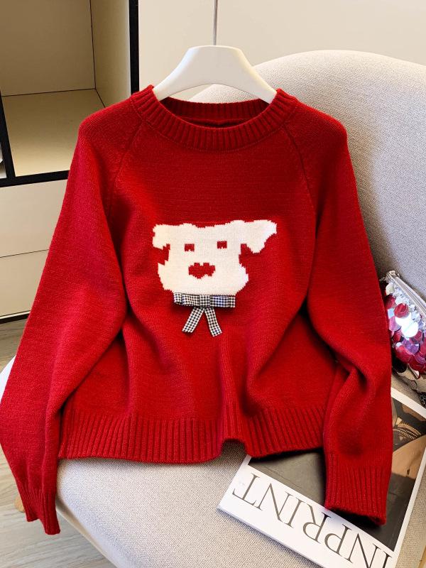 Korean Style Puppy Print Knit Sweater for Women - New Autumn/Winter 2026 Collection