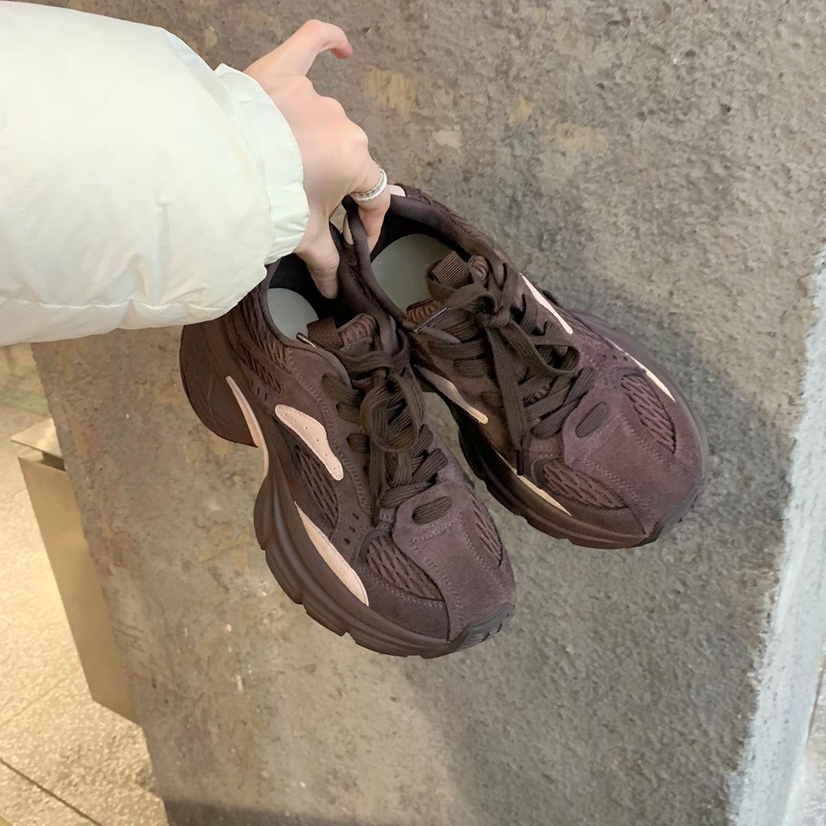 

Cowhide version~ Grape Mom same new color matching lace-up heightened thick-soled suede dad shoes women s sports and leisure shoes 35