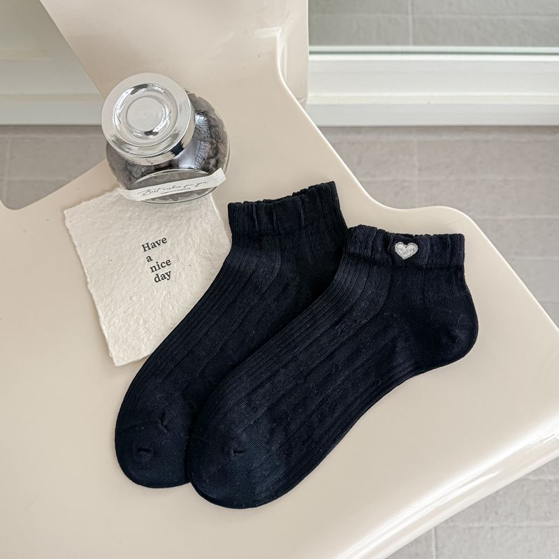 Sock Set - Spring/Summer - Heart Embroidery - Versatile - Stretch-Free - Solid Color - Mesh - Breathable - Short Tube - Boat Shoes - Cotton
