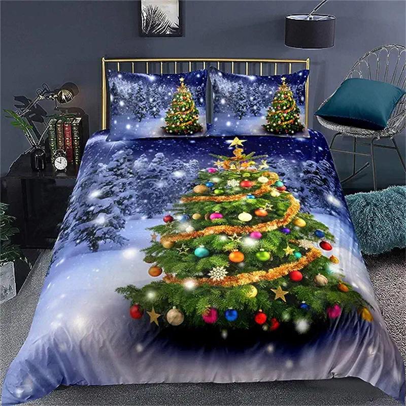 Christmas Duvet Cover Gold Reindeer Bedding Set Boys Girls Room Decor Blue Christmas Tree Comforter Cover Western New  Theme