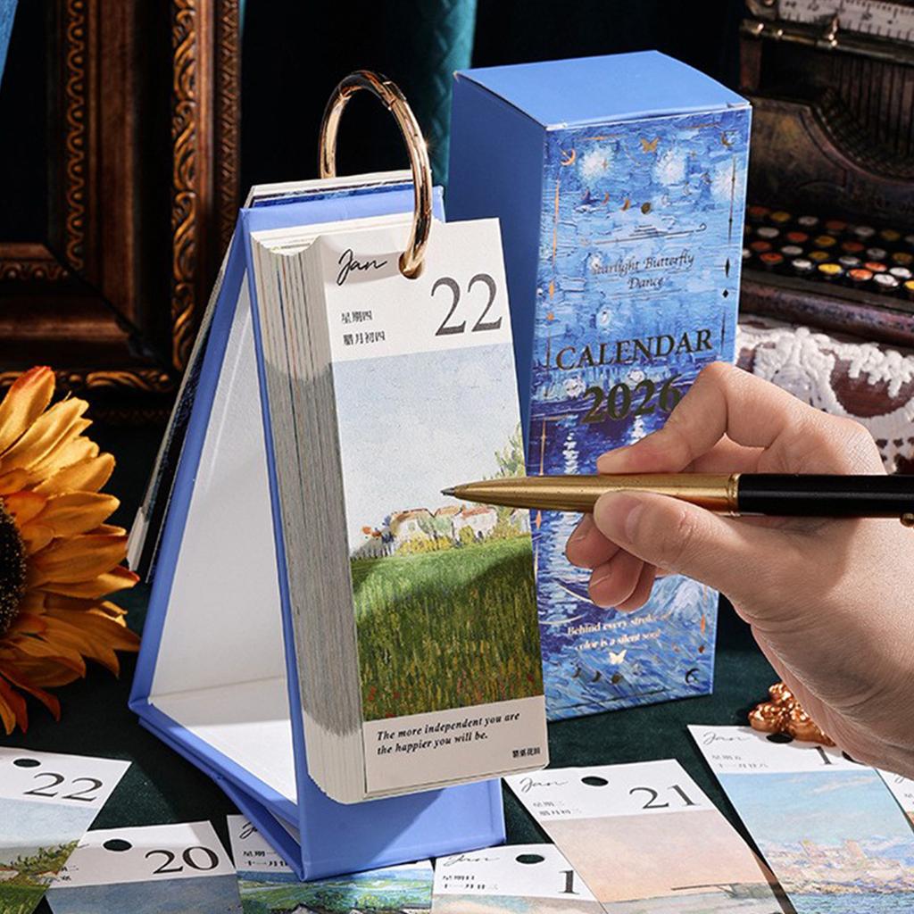 Vintage European Oil Painting Flip Calendar, Creative Daily Tear-Off Calendar With Butterfly Pendant, Elegant Desktop Decoration For Home
