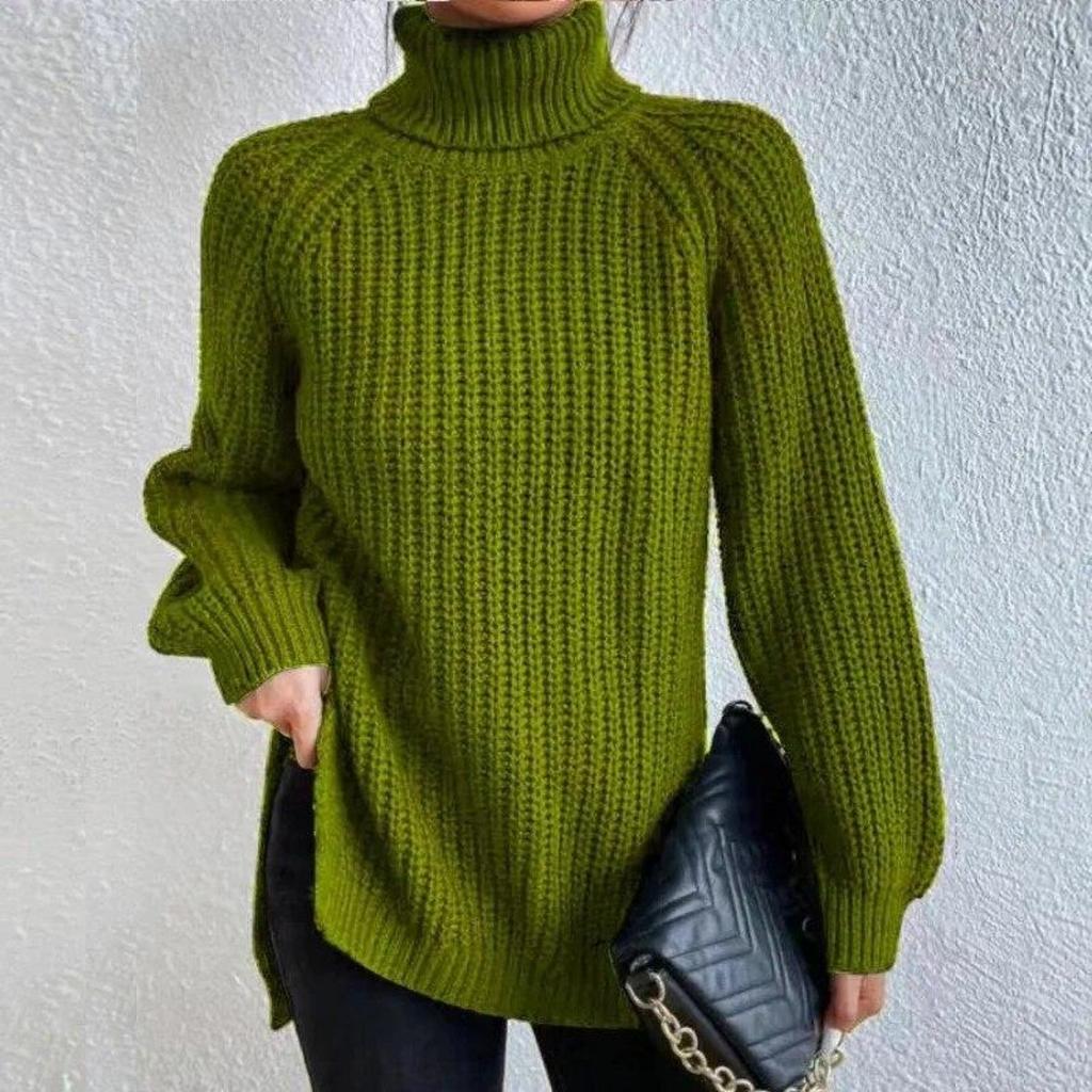 Autumn Winter Soft Knit Fashion Raglan Long Sleeve Turtleneck Split Sweater Casual Warm Solid Color Medium Length Pullover
