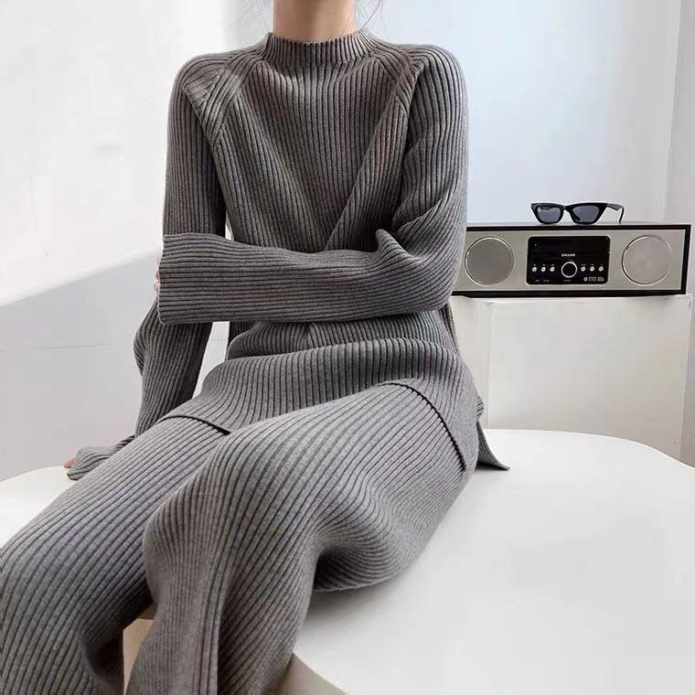 2025 Spring Elegant Solid Color Knit Sweater & Wide-Leg Pants Two-Piece Set for Women