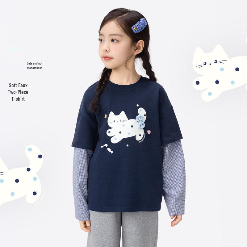 

Girls Cat Print Fake Two-Piece Long-Sleeve T-Shirt 130