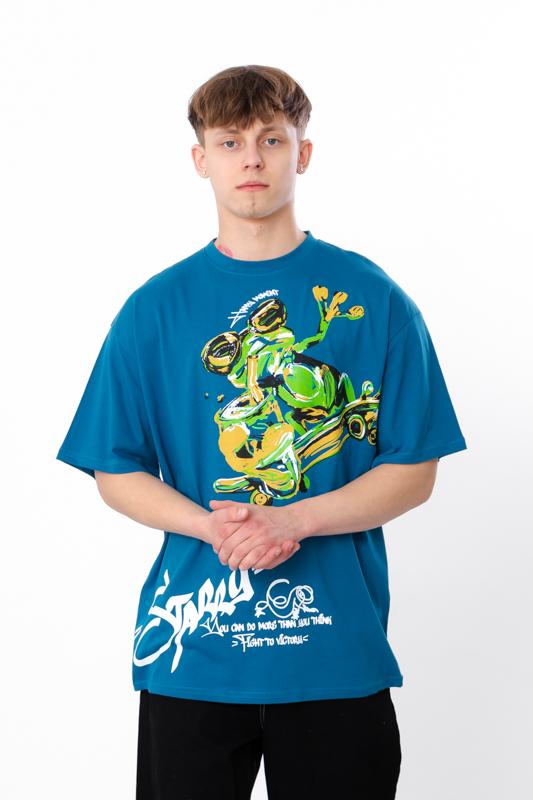 

Чоловіча футболка оверсайз – Сучасний принт та подовжений крій, Літо, 3383-001-33-1 HC S бірюзовий