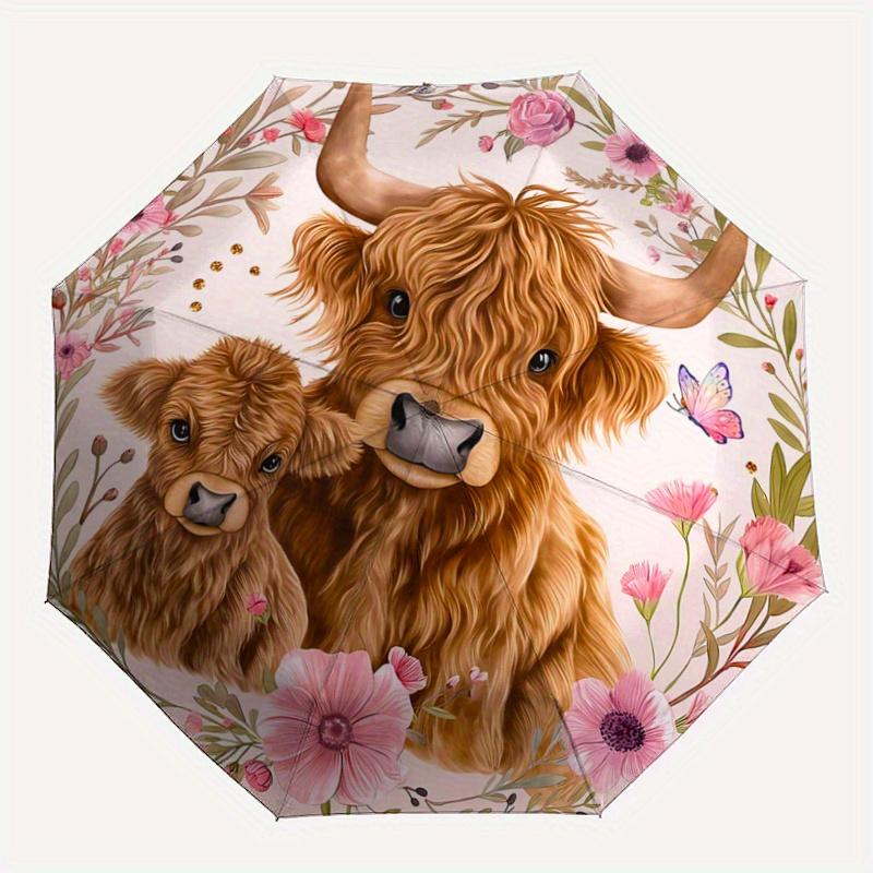 1pc Big Cow and Small Cow Pattern Automatic Umbrella is Fashionable and Good-Looking, a Portable 3-Fold Umbrella, Suitable for Travel and Da