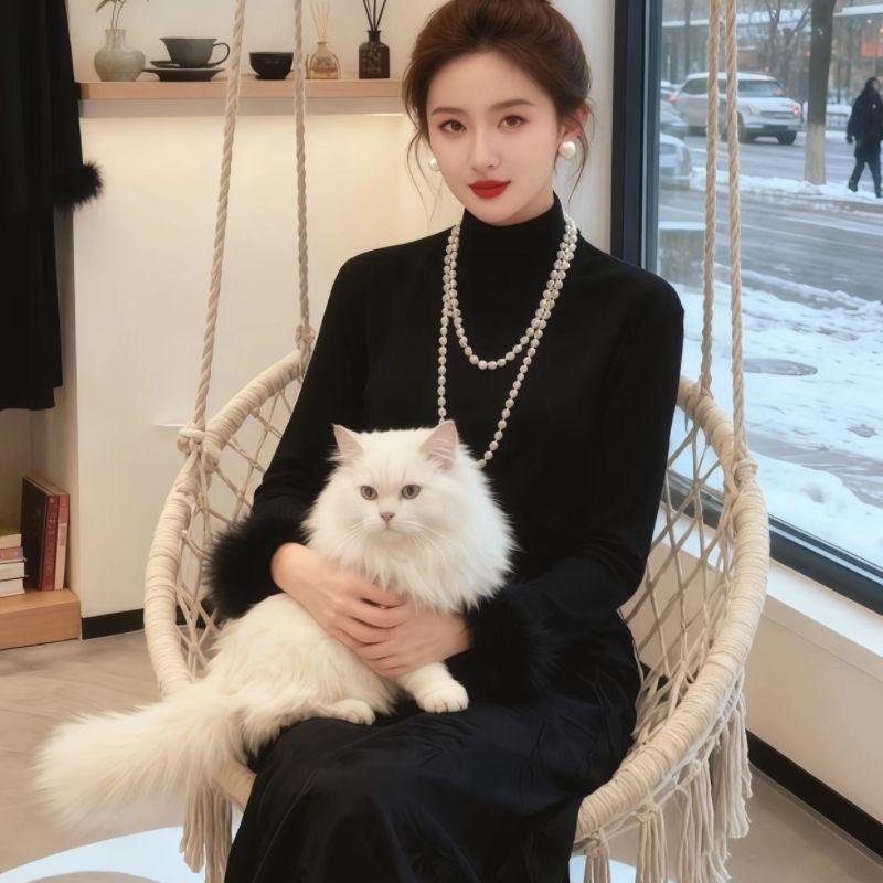 

Женский топ с тяжелой вышивкой, с длинным рукавом, термо, большого размера, новый китайский стиль, теплая базовая кофта для осени/зимы XXXXL (150-165 jin) чёрный