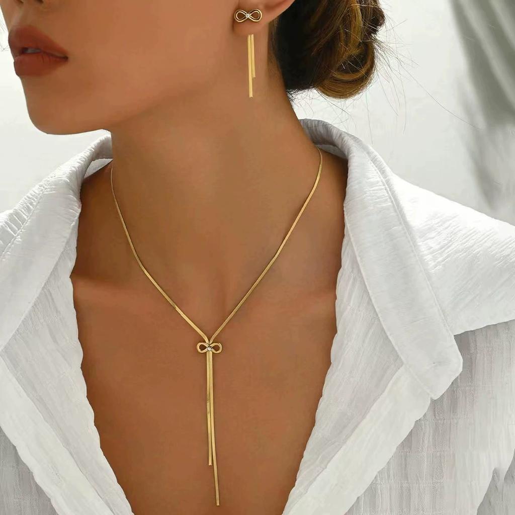 316L Stainless Steel 2025 New Hot Sales Fashion Zircon Bowknot Tassels Charm Chain Choker Necklaces Earrings For Women