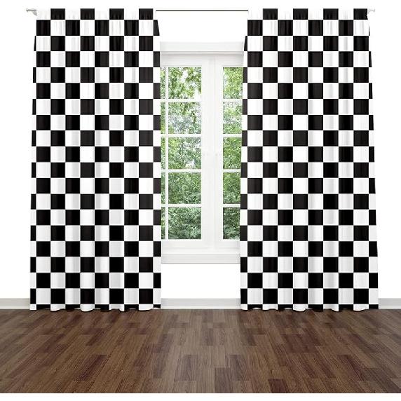 Black and White Window Drapes Curtain Checkered Flag Racing Race Car Line Rod Pocket Drapes Curtain for Living Room Home Decor 21x63 Inches 2 Panels