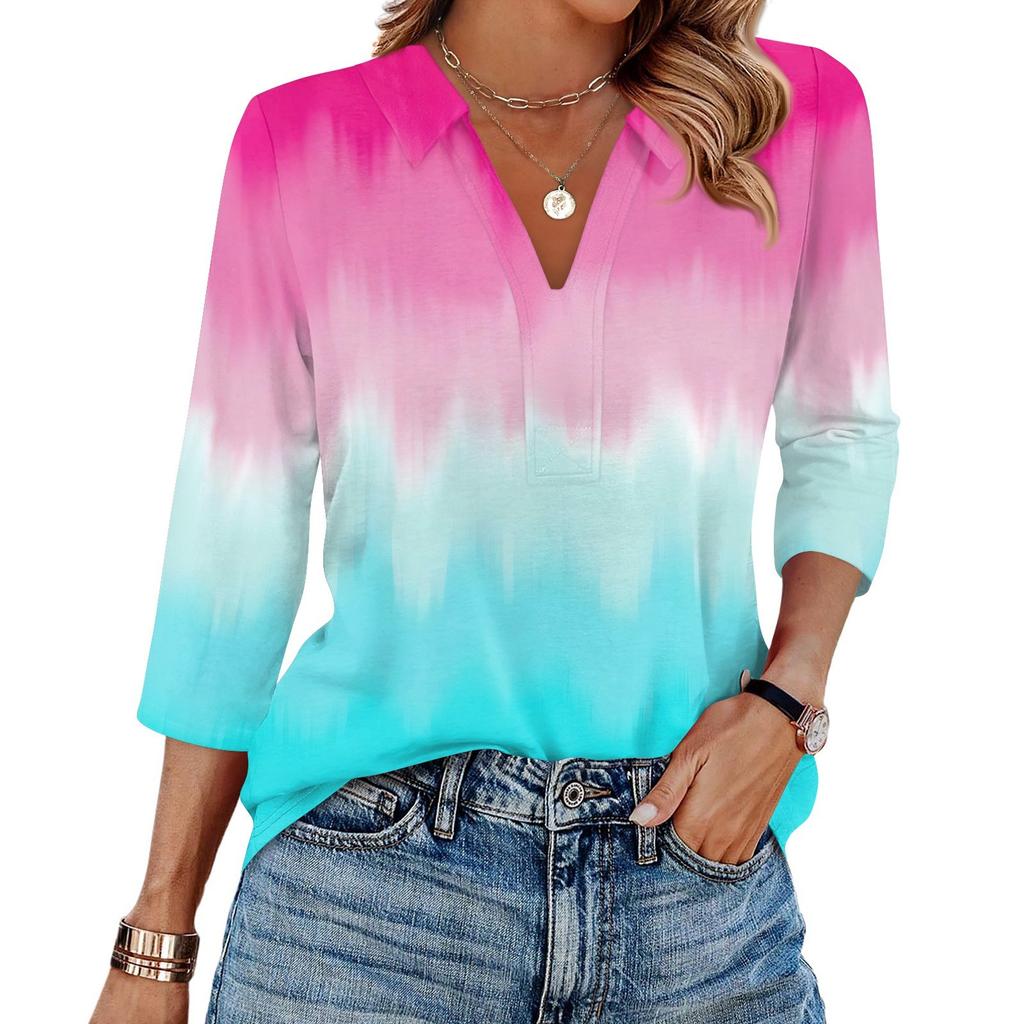 Women's Fashion Casual Lapel 3/4 Sleeve Print Shirt Women's V-Neck Tops
