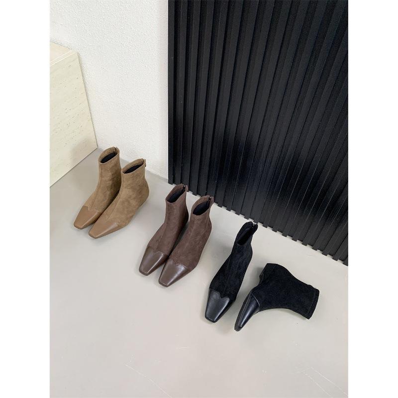 Low-heeled short boots Women's thick-heeled autumn and winter design sense Splicing square-headed thin boots and bare boots