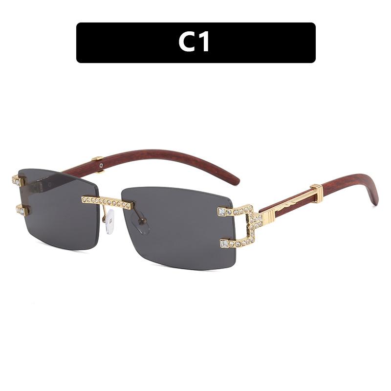 Unisex Rectangle Rimless Women Wood Leg Luxury Brand Designer Trendy Retro Frameless Sun Glasses UV400