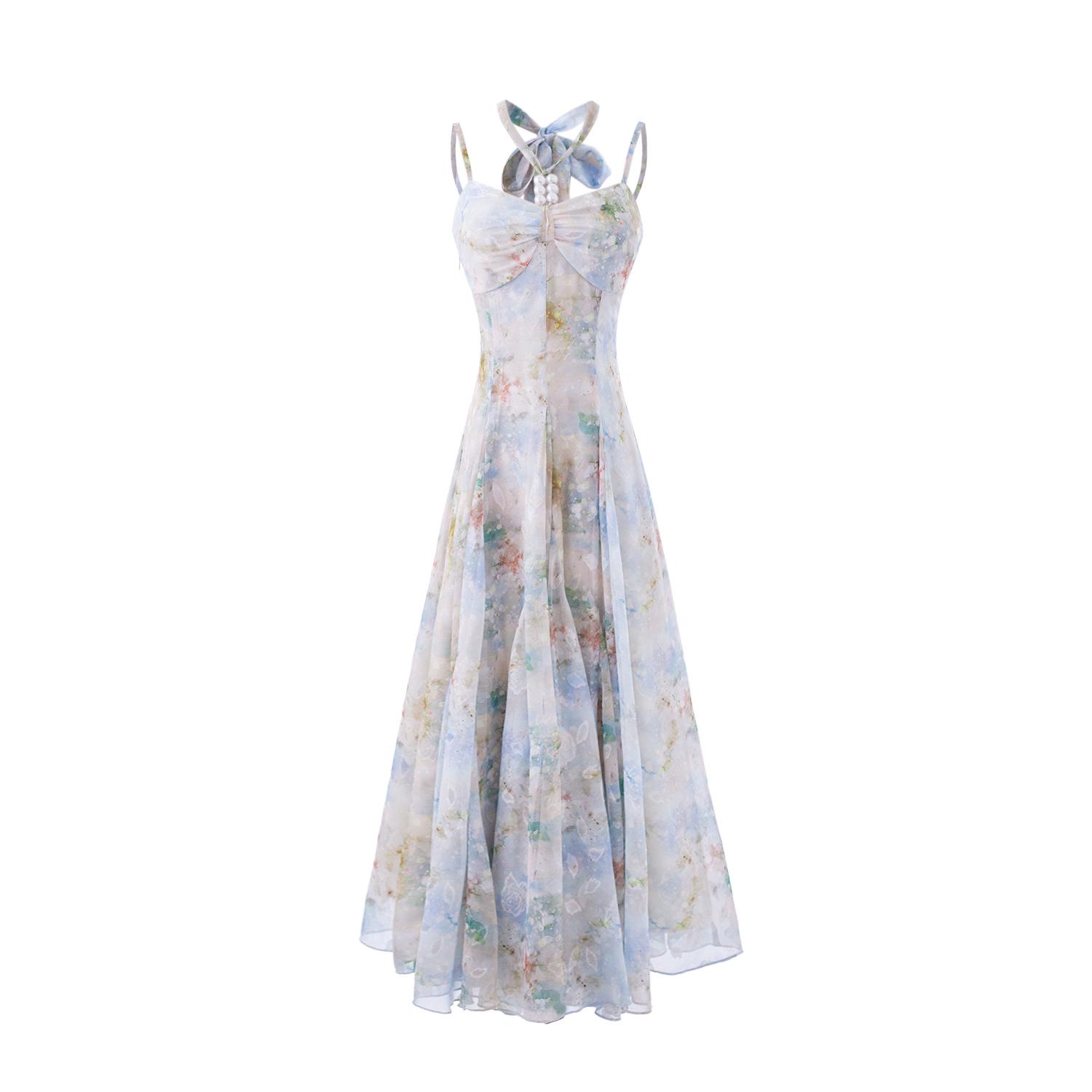 Retro Oil Painting Halter Neck Camisole Dress – Women s Summer Slim Fit Small