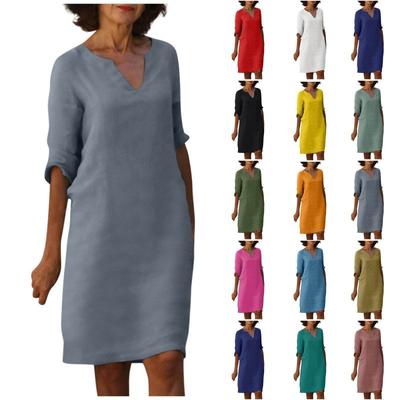 Women Summer Solid Color Cotton Linen Retro V-Neck Short Sleeve Dress Lightweight Breathable Dress
