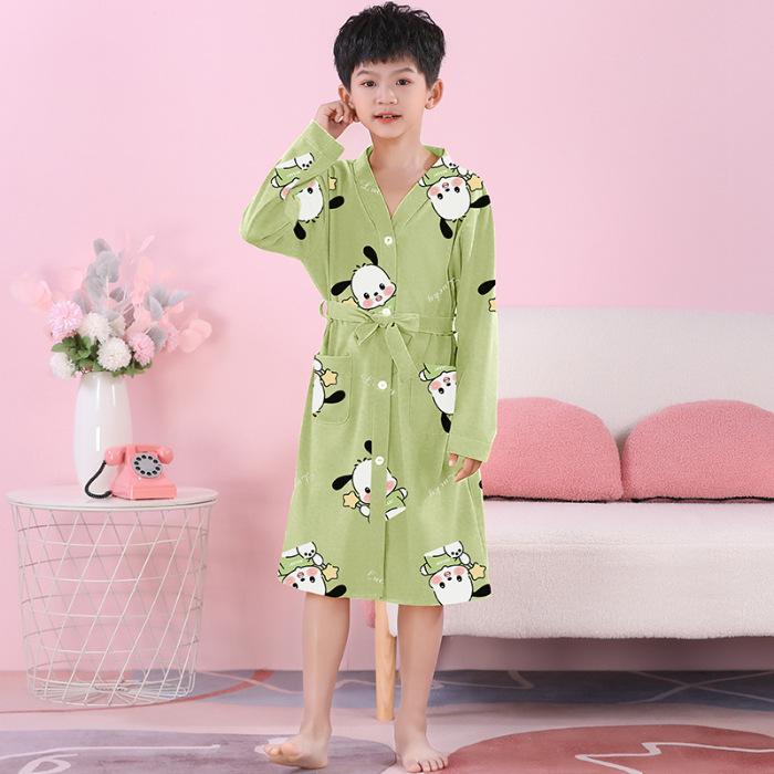 Girls' Combed Cotton Long-Sleeve Pajama Robe - Spring/Summer Bathrobe for Kids, Cute Sleepwear for Middle and Big Girls