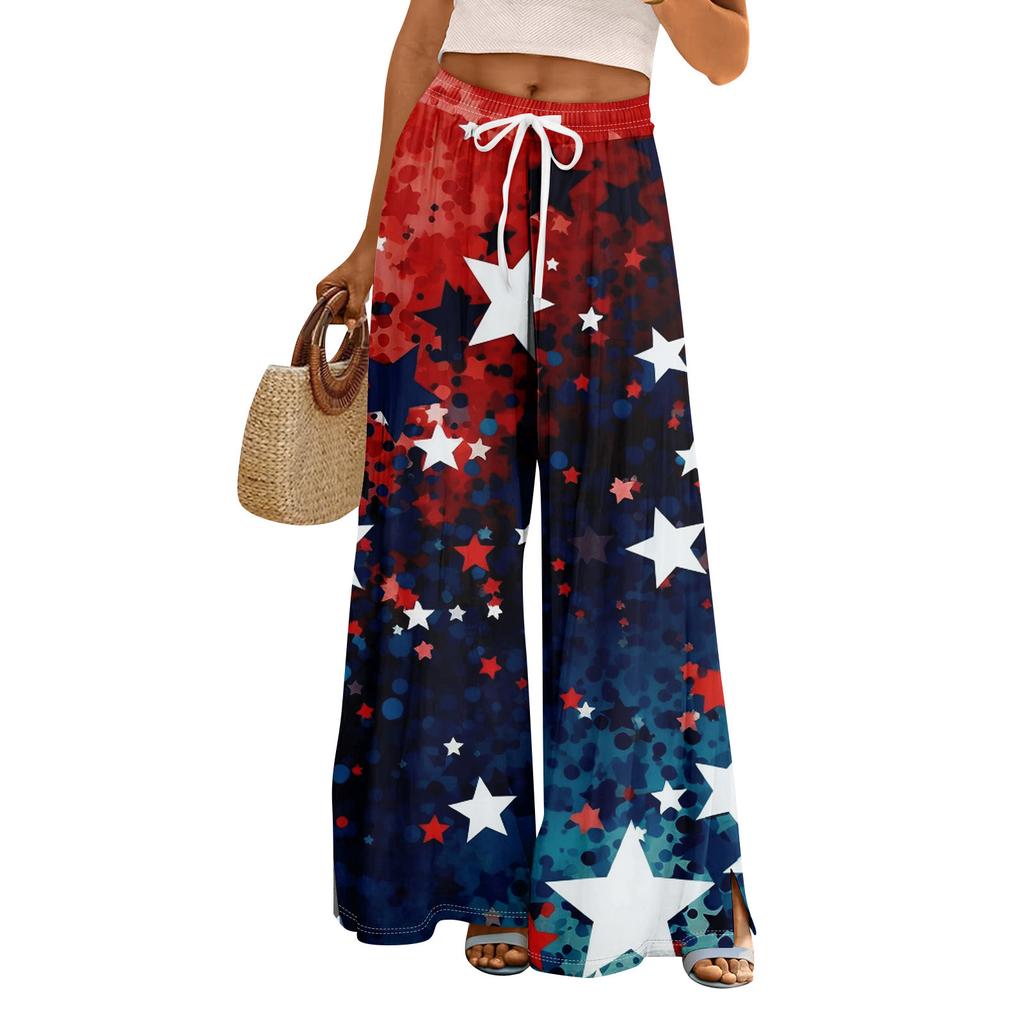Damen Sommer Boho Palazzo Hose Hohe Taille Weites Bein Independence Printing Freizeithose mit Taschen