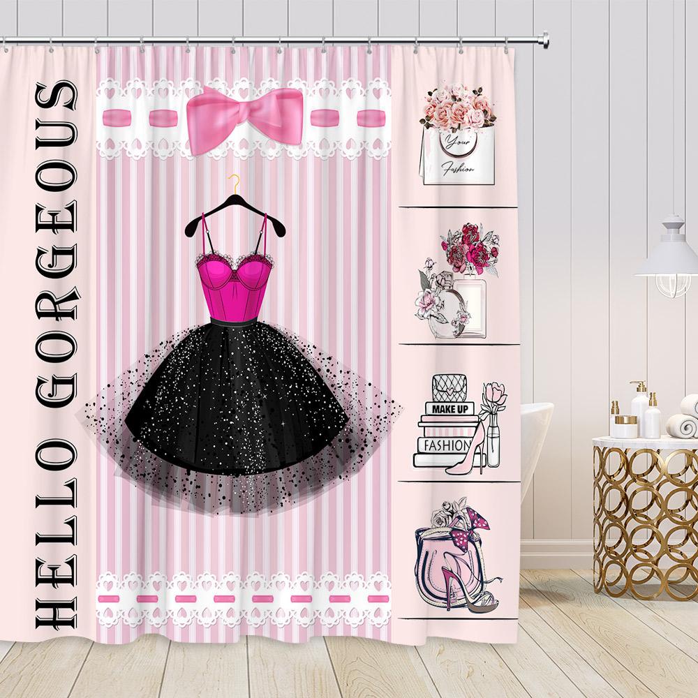 Pink Perfume Fashion Shower Curtains Cosmetics High-heels Dress Floral Bathroom Decorations Girl Vintage Bath Curtain with Hooks
