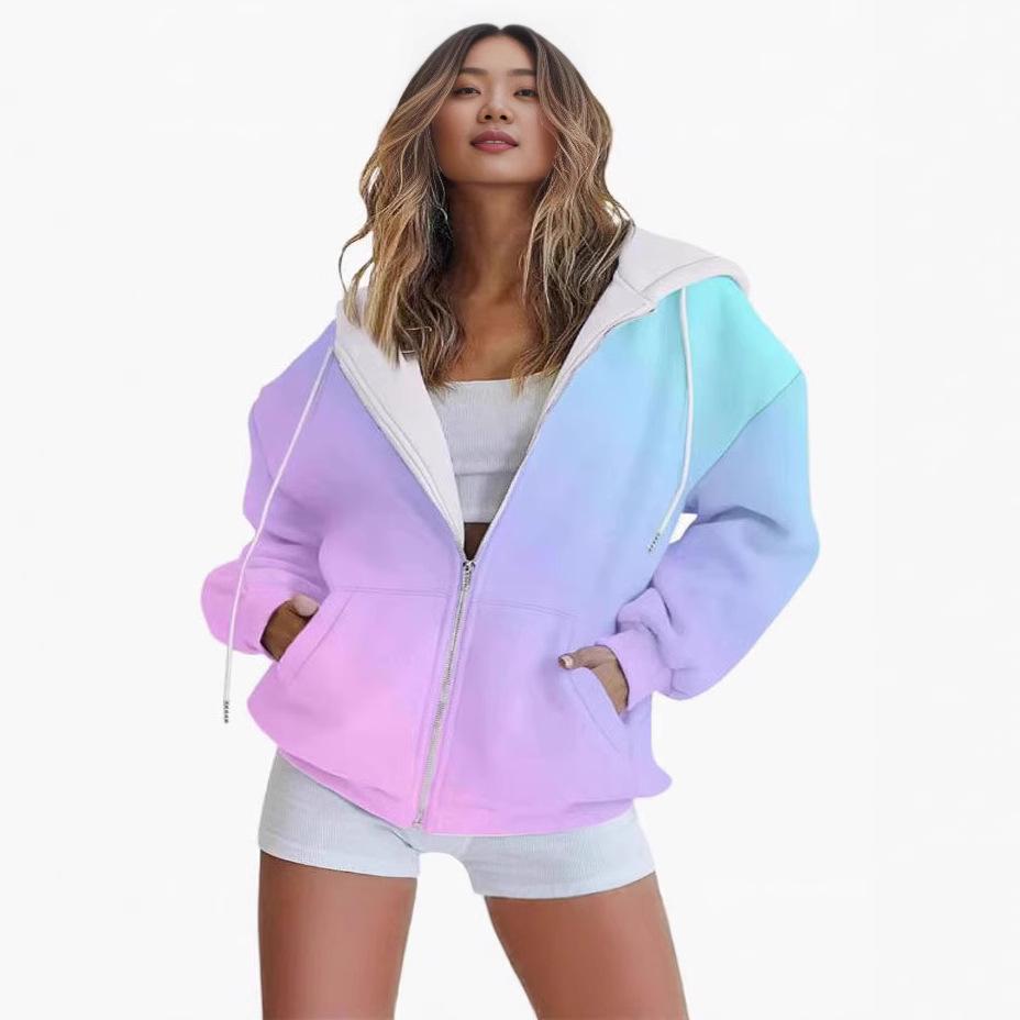Gradient 3D Print Casual Long Sleeve Zip-Up Hoodie for Women