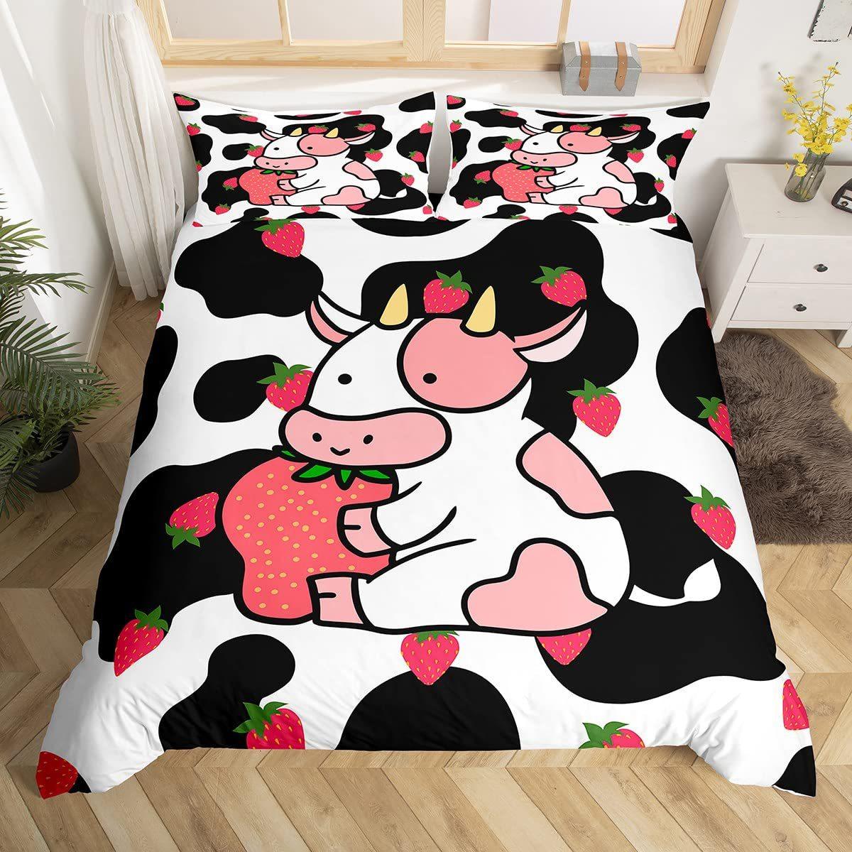 

Cow Down Quilt Cover Three-Piece Pink Strawberry Pattern Quilt Cover Cute Cow Bedding Set EU single 135*200