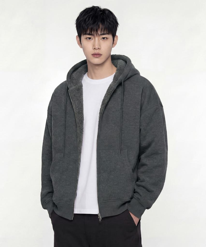 Agod Reversible Heavy Fleece Boa Hooded Zip-Up [Charcoal]