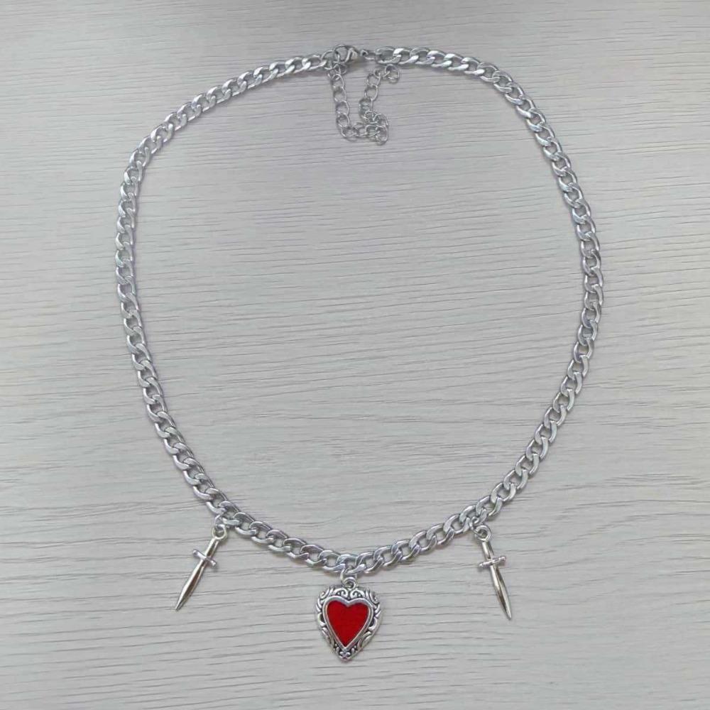 Punk Gothic Red Heart & Sword Pendant Choker Necklace Silver Color Cuban Chain for Women Men Party Daily Y2K Aesthetic Jewelry