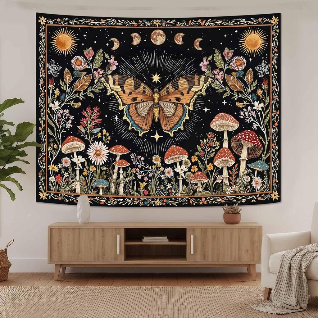 Sun and Moon Tapestry Used for Bedroom Hippies Bohemian Flower Plant Wall Tapestry Aesthetic Retro Galaxy Star Spirit Large Tape
