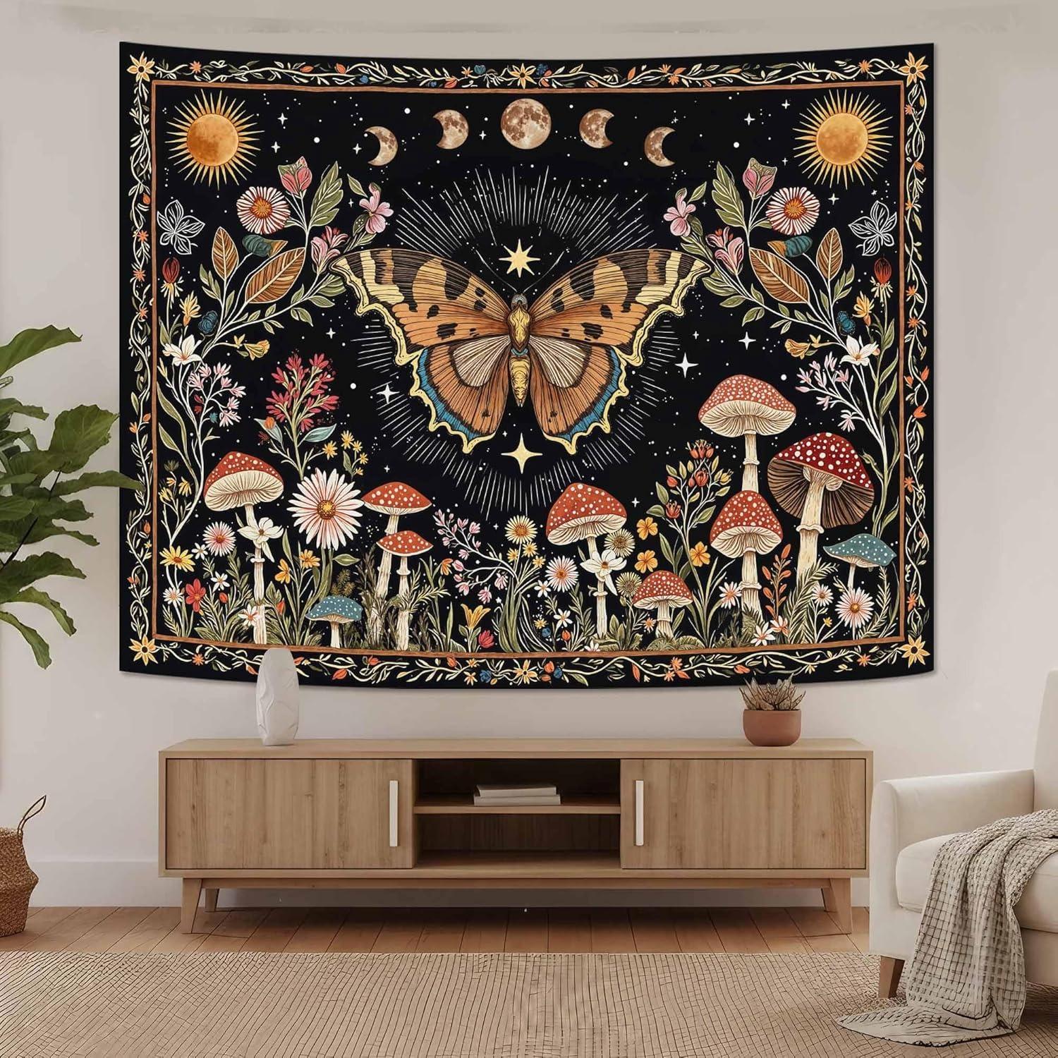 

Accnicc Sun and Moon Tapestry for Bedroom Hippie Boho Floral Flower Plant Wall Tapestry Aesthetic Vintage Galaxy Celestial Star 74x94cm(29x37in)