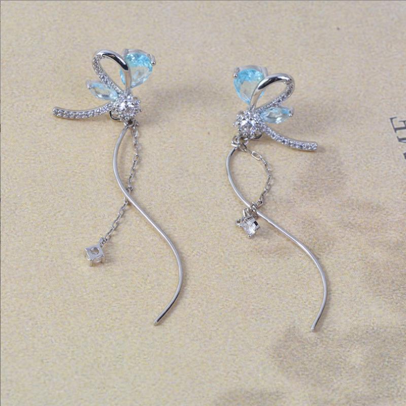 Korean Dragonfly Tassel Earrings Sweet Shiny  Long Tassel Ear Clips Wedding Jewelry