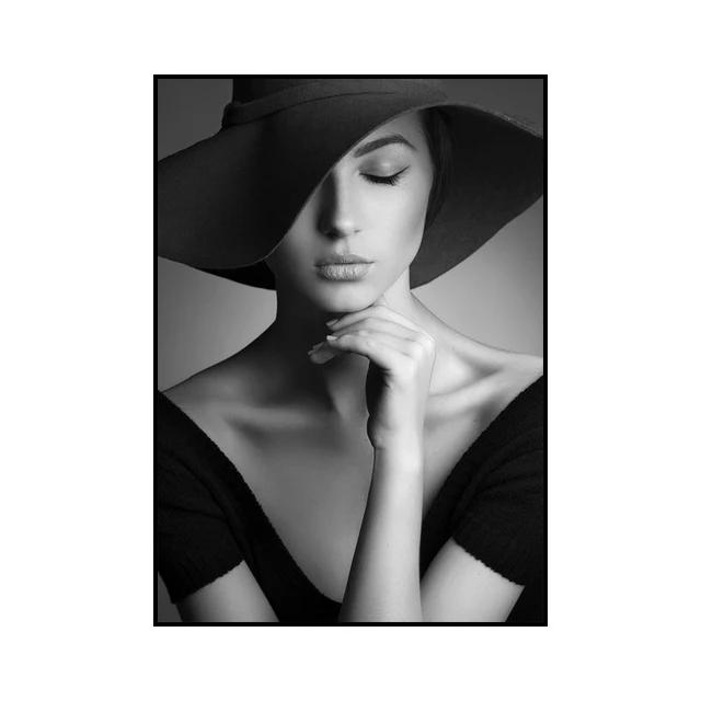 Modern Black and White Sexy Smoking Women with Red Lip Hat Print Art Canvas Poster for Living Room Decoration Home Wall Decor