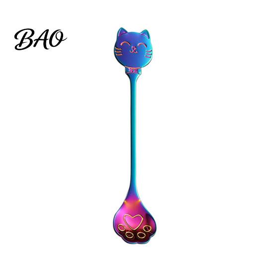 Cat Shaped Handle Spoon Coffee Spoon, Stainless Steel Paw Claw Teaspoon, Embossed Design Multi-Color Electroplated Stirring for Ice Cream Yogurt