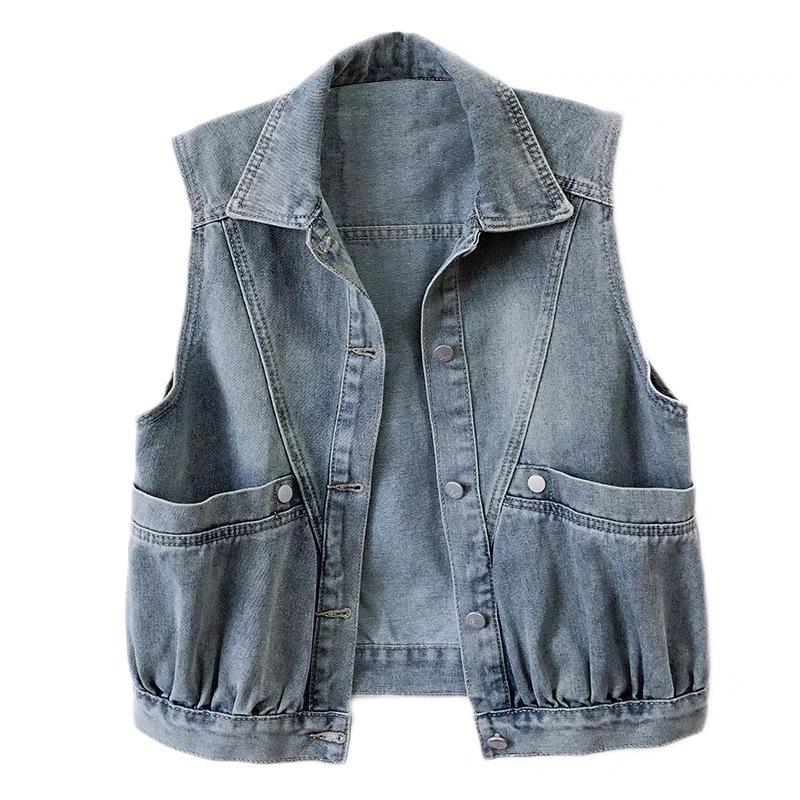 

Women s Retro Hong Kong Style Blue Denim Vest - Versatile Spring/Fall 2025 with Large Pockets, Sleeveless Gilet Outerwear 3XL (suggested 140-150 jin)