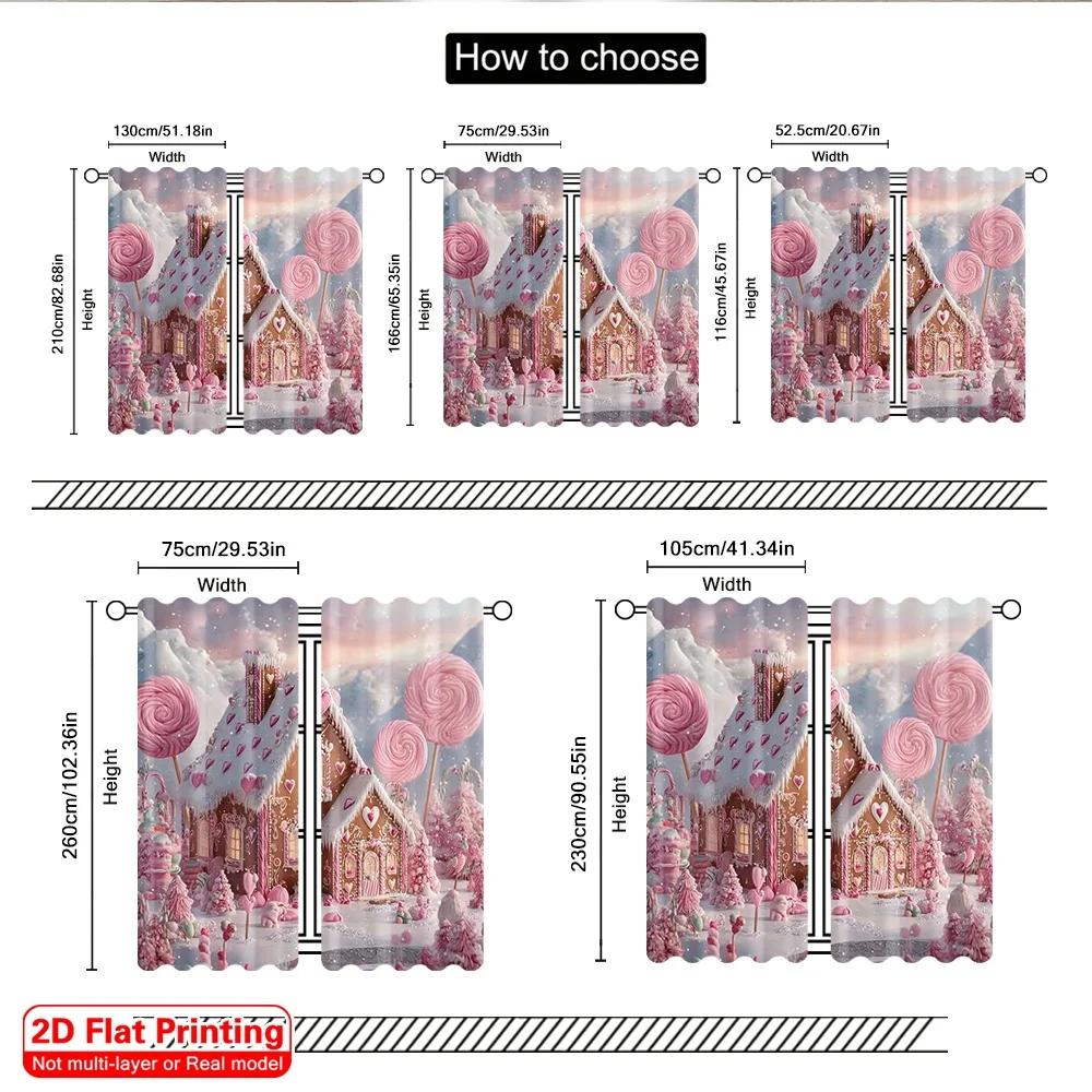 2Pcs 2D Flat Printing Fashionable Christmas Curtains Gingerbread Candy Cane_ Cute Pink Brown Digital Printed Polyester Drapes