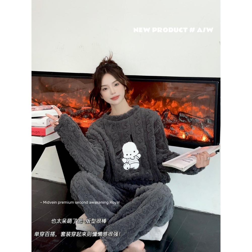 Coral Fleece Jacquard Pajamas Set Women Autumn Winter Fleece Thickened Warm Crew Neck Cable Knit Loungewear Wearable Outside