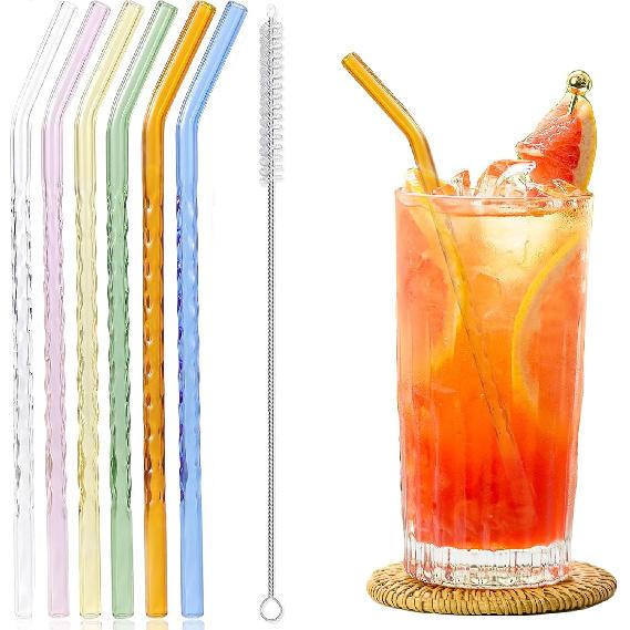6-Pack Reble Glass Straws Set, Clear Glass Drinking Straw, Cute Colorful Straws with Cleaning Brush, 8  x8MM