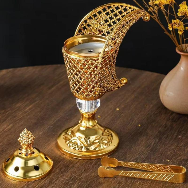 Golden Middle Eastern Aromatherapy Incense Burner,Moon Shape Metal Arabian Living Room Incense Burner Holder Home Decorative