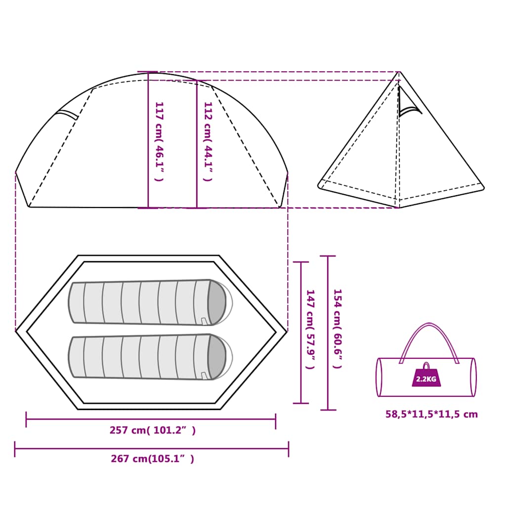 Dome Camping Tent for 2 Persons White & Dark Waterproof