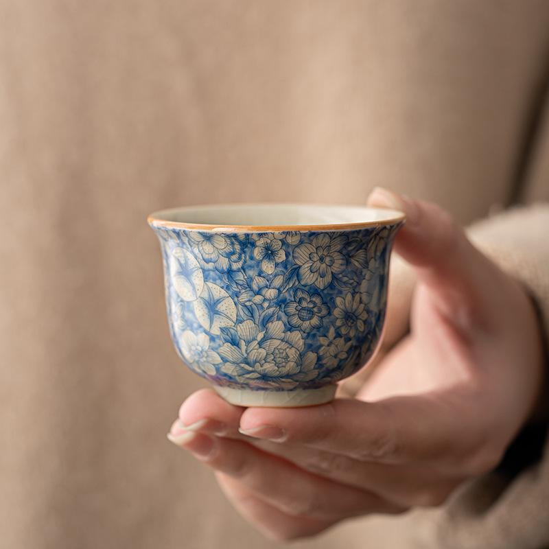 Ru Kiln Teacup Porcelain Tea Cup Blue Flower Pattern Ceramic Tea Mug Personal Use Traditional Chinese Kung Fu Tea Set HomeOffice