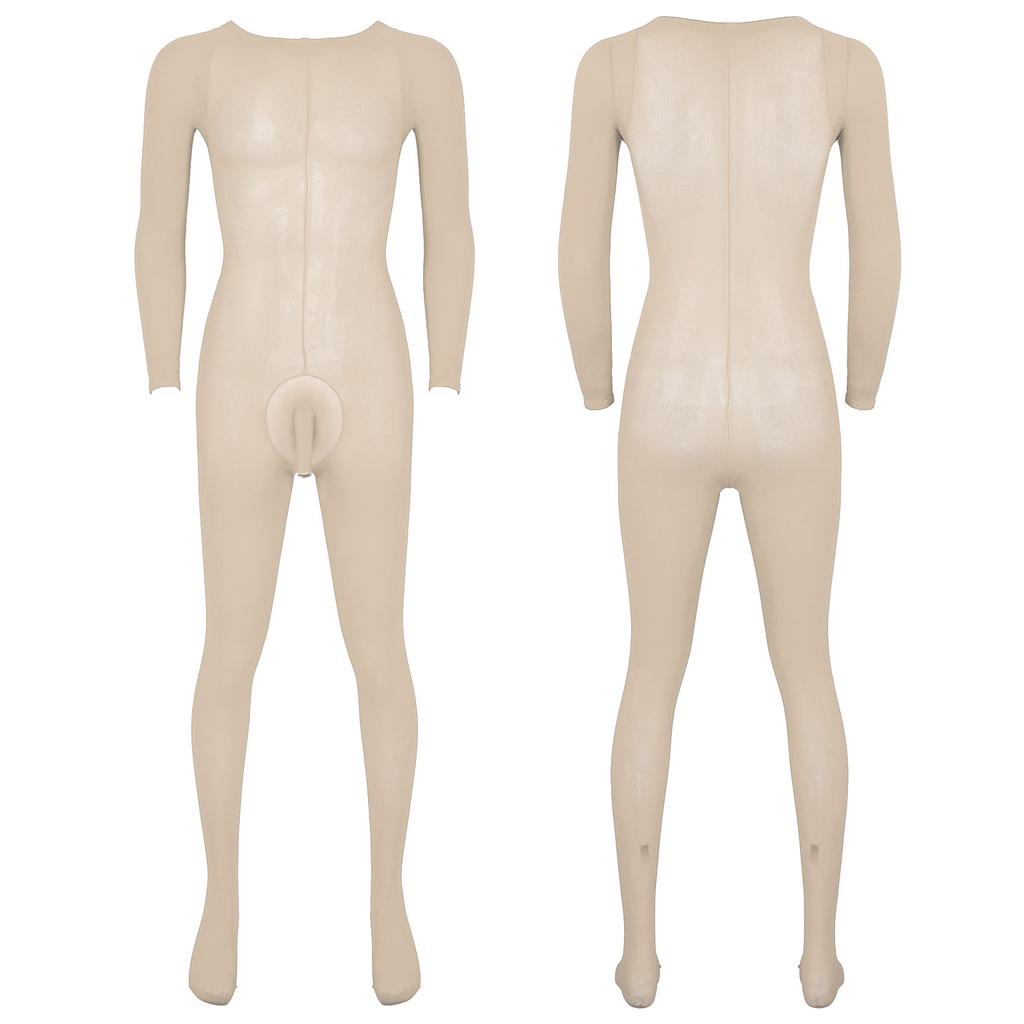 Mens Solid Color Bodystocking Long Sleeve Stretchy Bodysuit with Bulge Pouch Nightwear Underwear