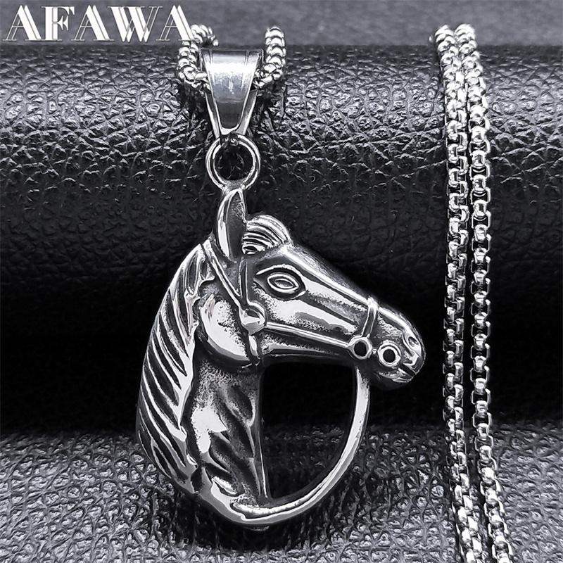 Stainless Steel Horse Head Necklace Pendant Silver Color Vintage Horses Lover Gift Accessories Jewelry Collier Homme NZZ372S02