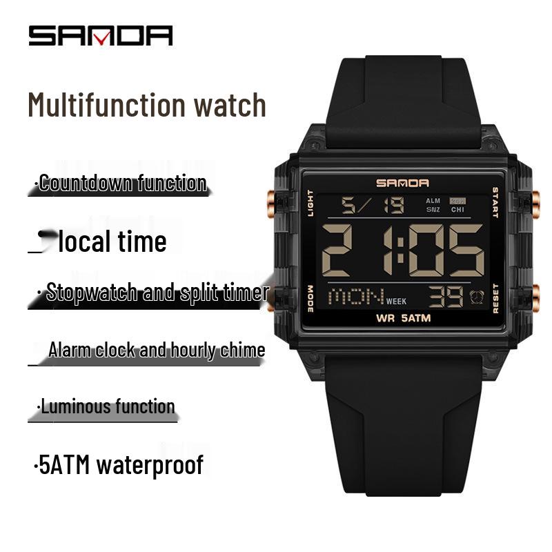 Sanda Waterproof Luminous Sports Watch: Square, Transparent Timer for Students