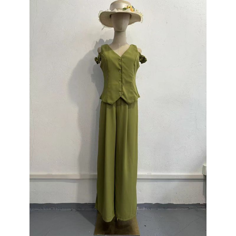 

Fashion Wind New Arrival Fashion Pure Color Vest Vest High Waist Loose Pants Two-piece Set Vest and Pants Set Light green XXL