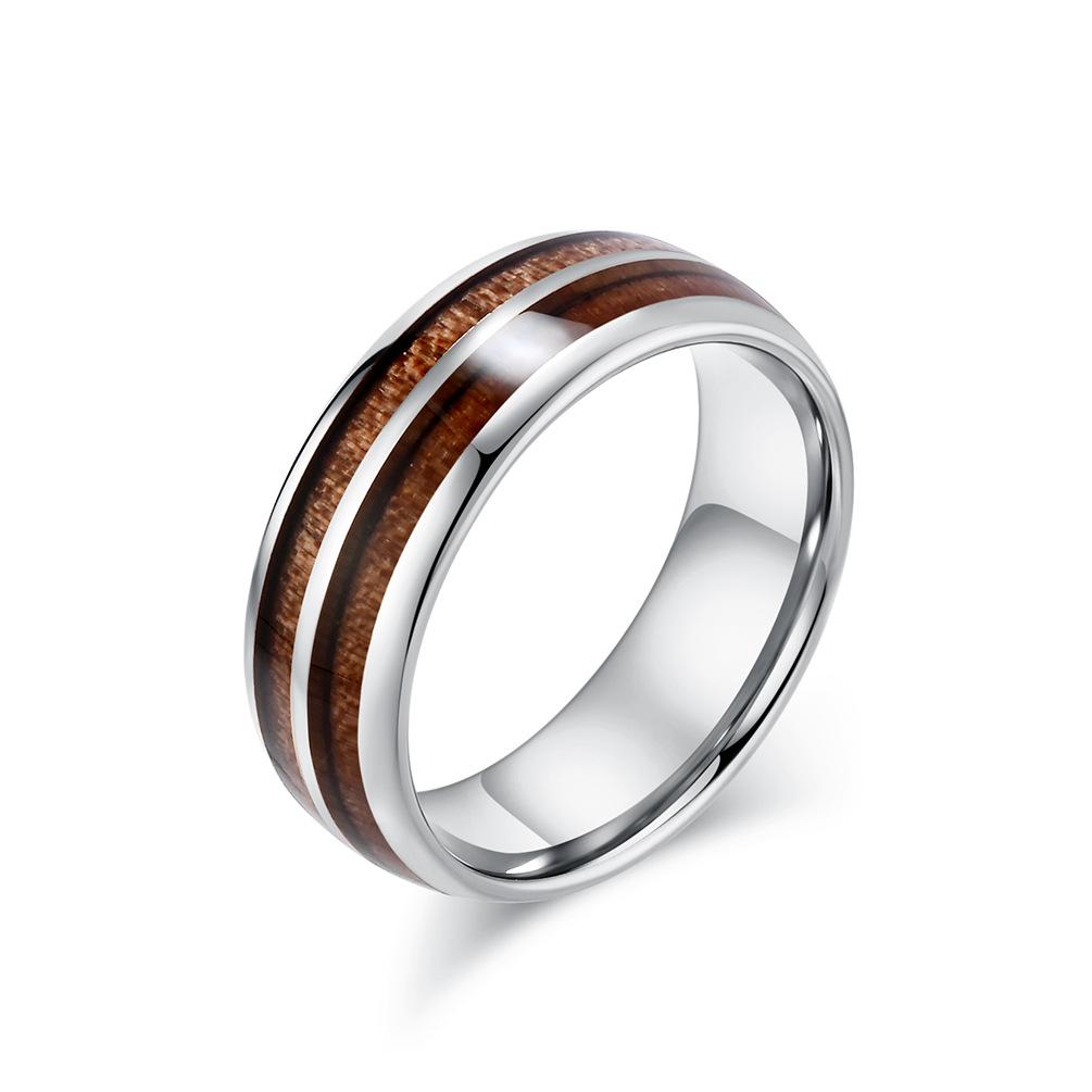 2026 Tungsten Steel Parquet Leather Ring Ring Tungsten Gold Fashion High-end Double Groove Wood Couple Ring