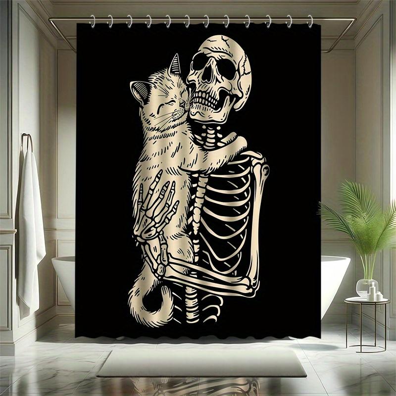 

Halloween Skeleton Shower Curtain Set - Horror Skeleton & Cute Cat, Includes 12 Hooks, Polyester Fabric, Modern Bathroom Decor W60H190(CM)-1 Pcs