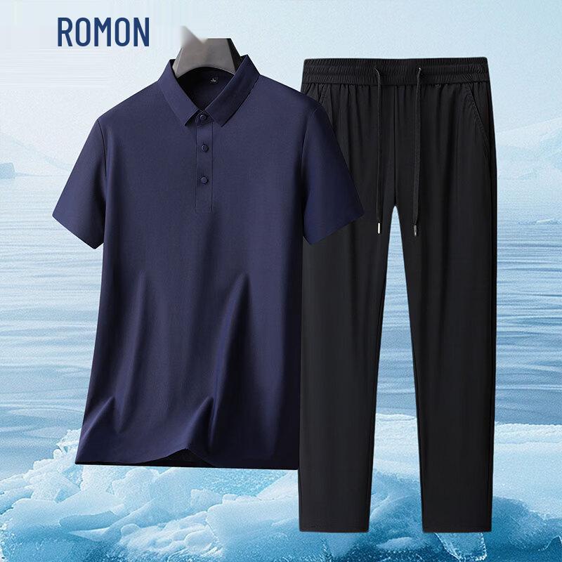 ROMON Men s Ice Silk Quick-Dry Sun Protection Polo T-Shirt & Shorts Set L