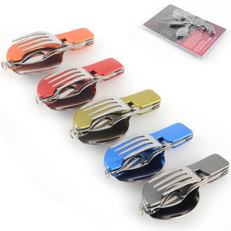 Foldable 4-in-1 Spoon Cutlery Opener Stainless Steel Foldable Pocket Cutlery Kit Outdoor Cutlery Set
