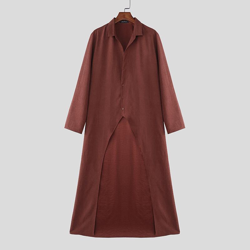 INCERUN Men Lapel Neck Long Sleeve High Splits Irregular Long Shirts Tops