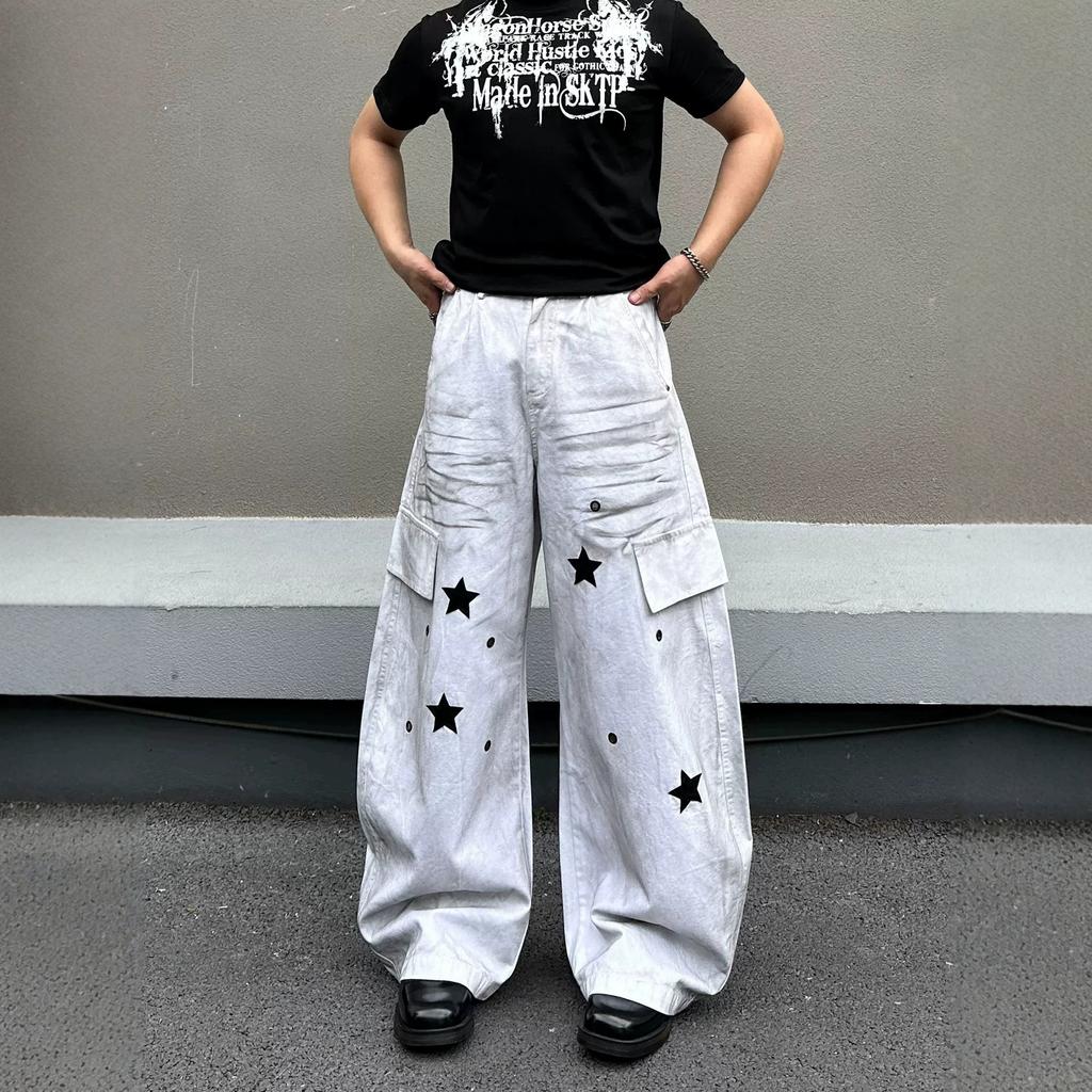 American street retro dirty dyed stars multi-pocket overalls men's and women's loose wide-leg casual straight jeans tide