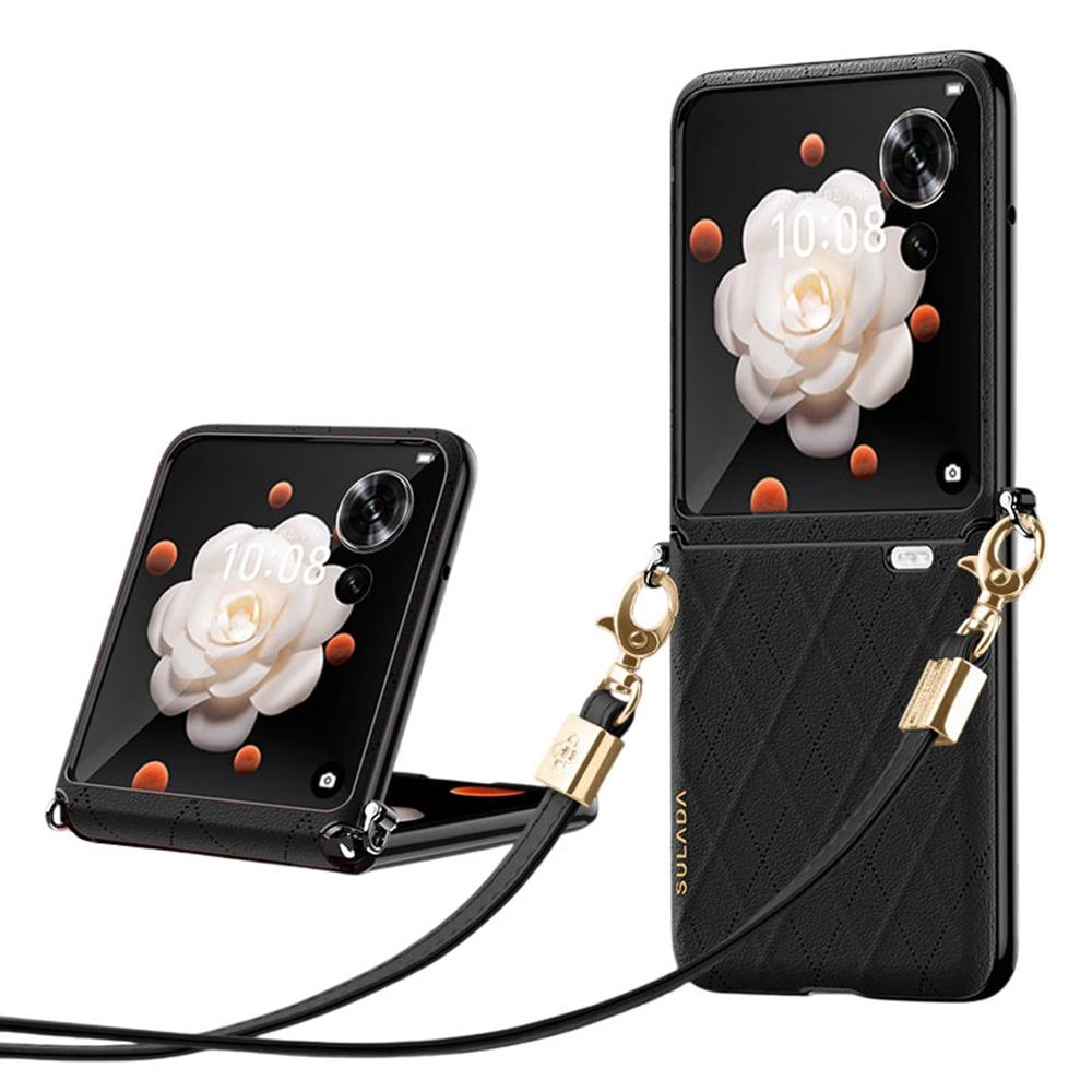 

SULADA For Honor Magic V Flip 5G Case Rhombus Leather+PC Phone Cover with Shoulder Strap Black