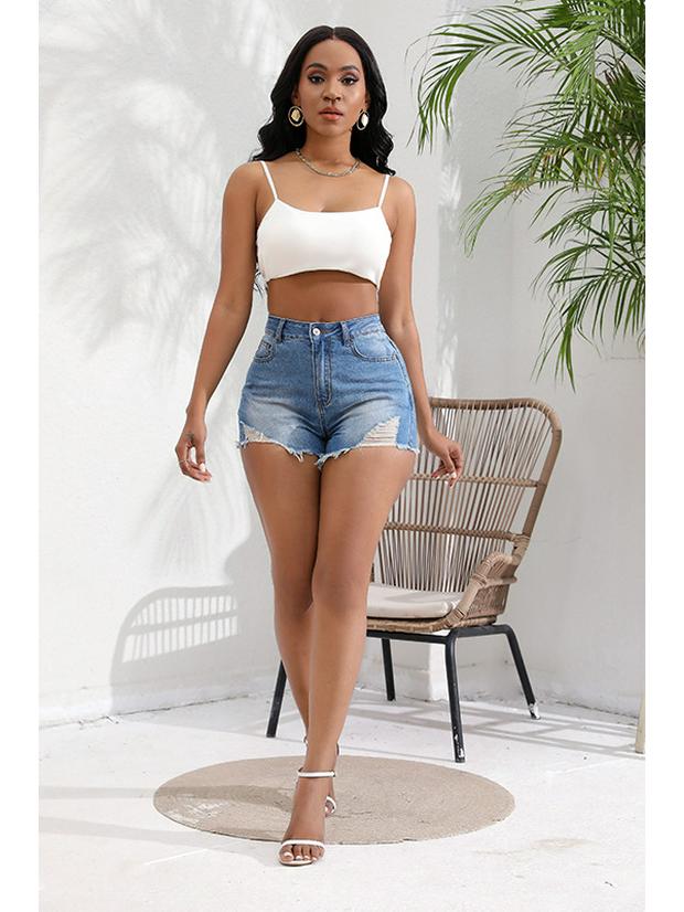 2024 Stylish Women s Washed Ripped Elastic Jean Shorts - European & American Fashion XL светло-синий